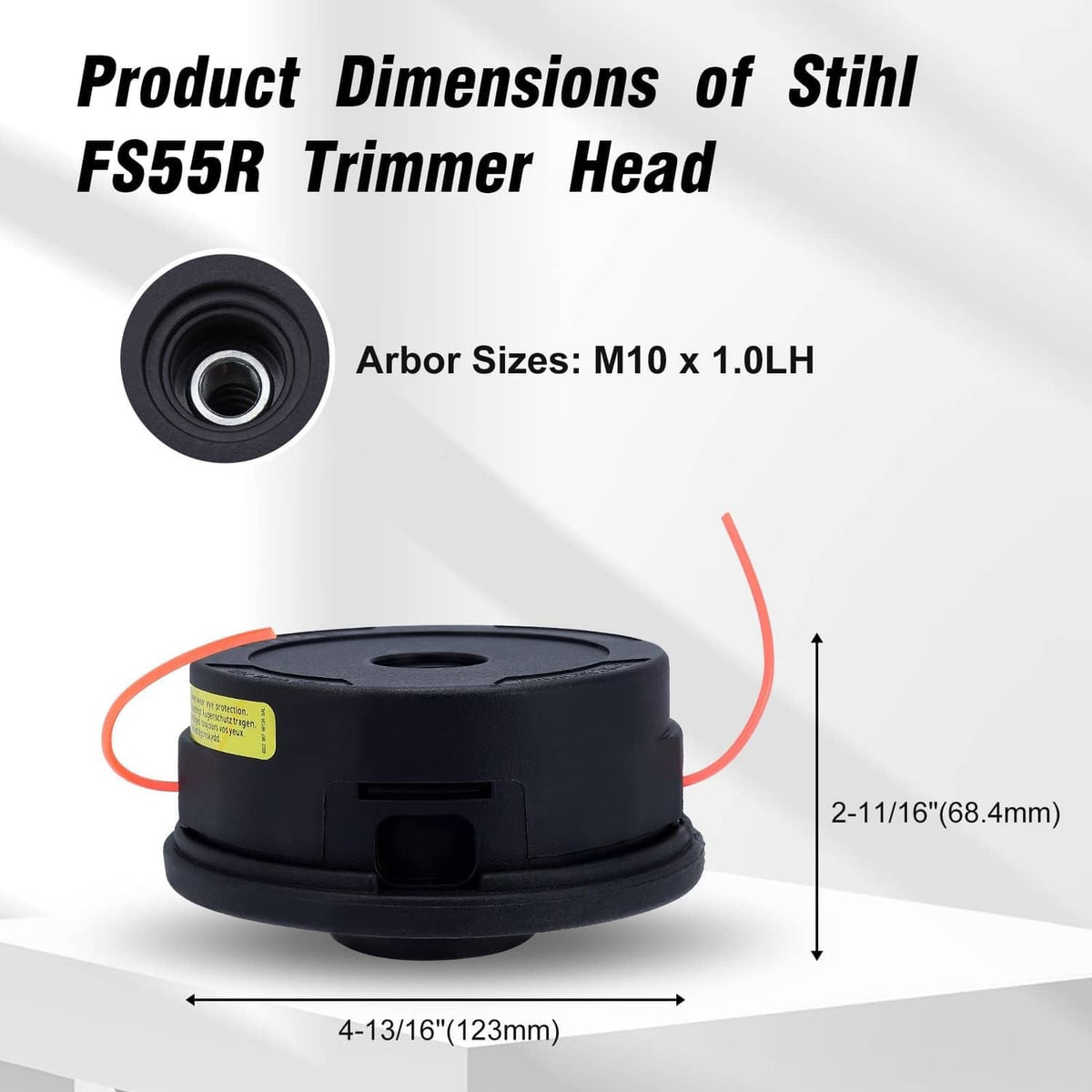 Black Stihl FS55R trimmer head dimensions diagram with orange line