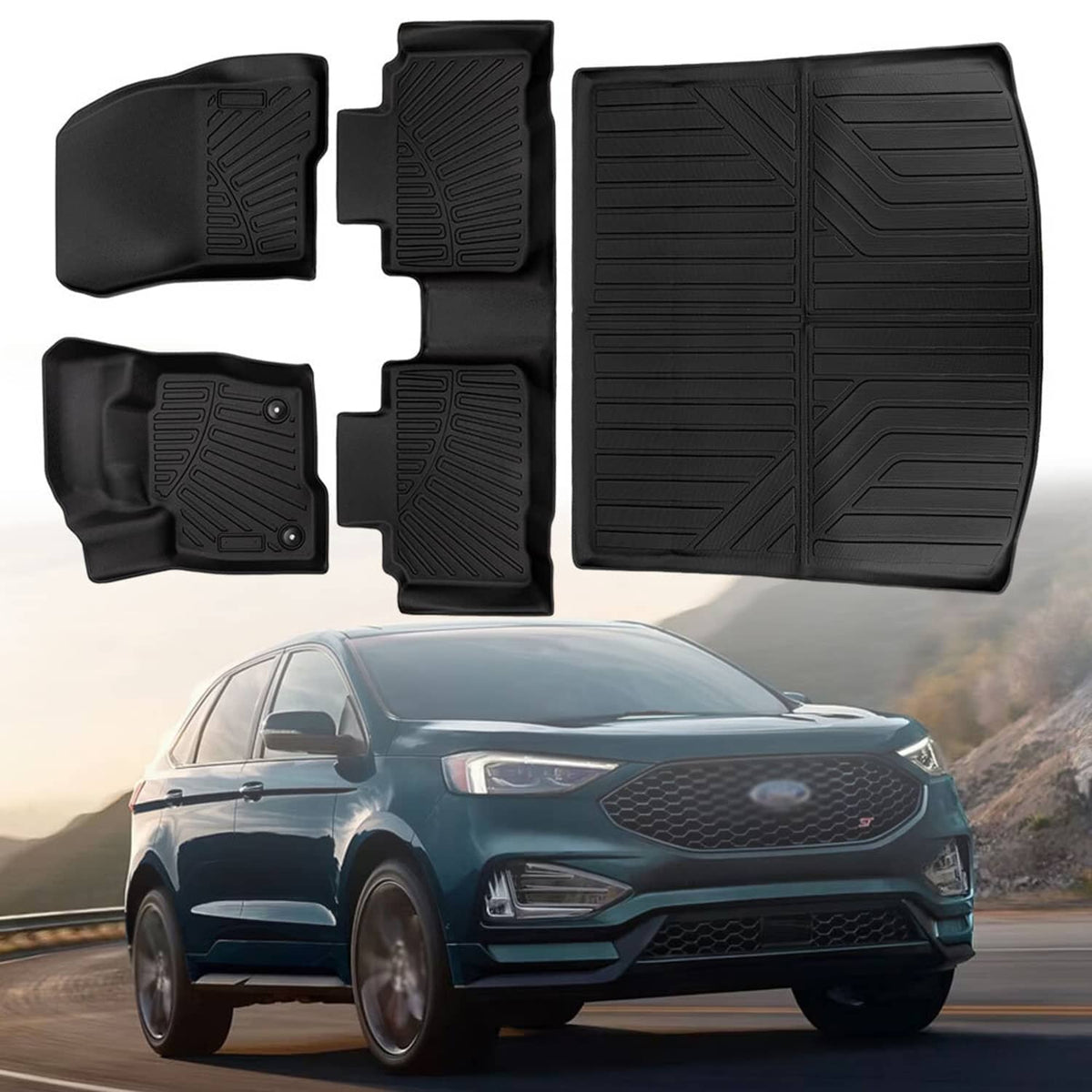 Vehicle floor mat set with black rubber liners for front and rear coverage
