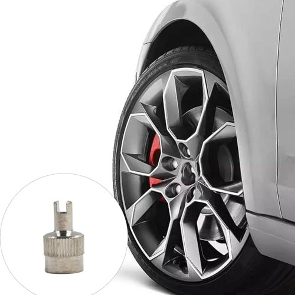 Silver tire valve stem cap installed on a wheel tire valve
