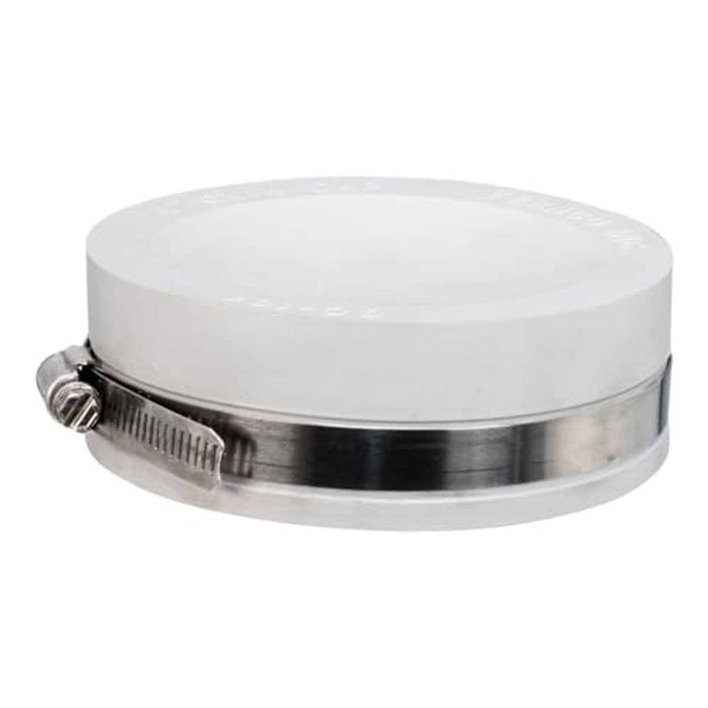 White flexible PVC pipe cap with clear top and stainless clamp band close-up
