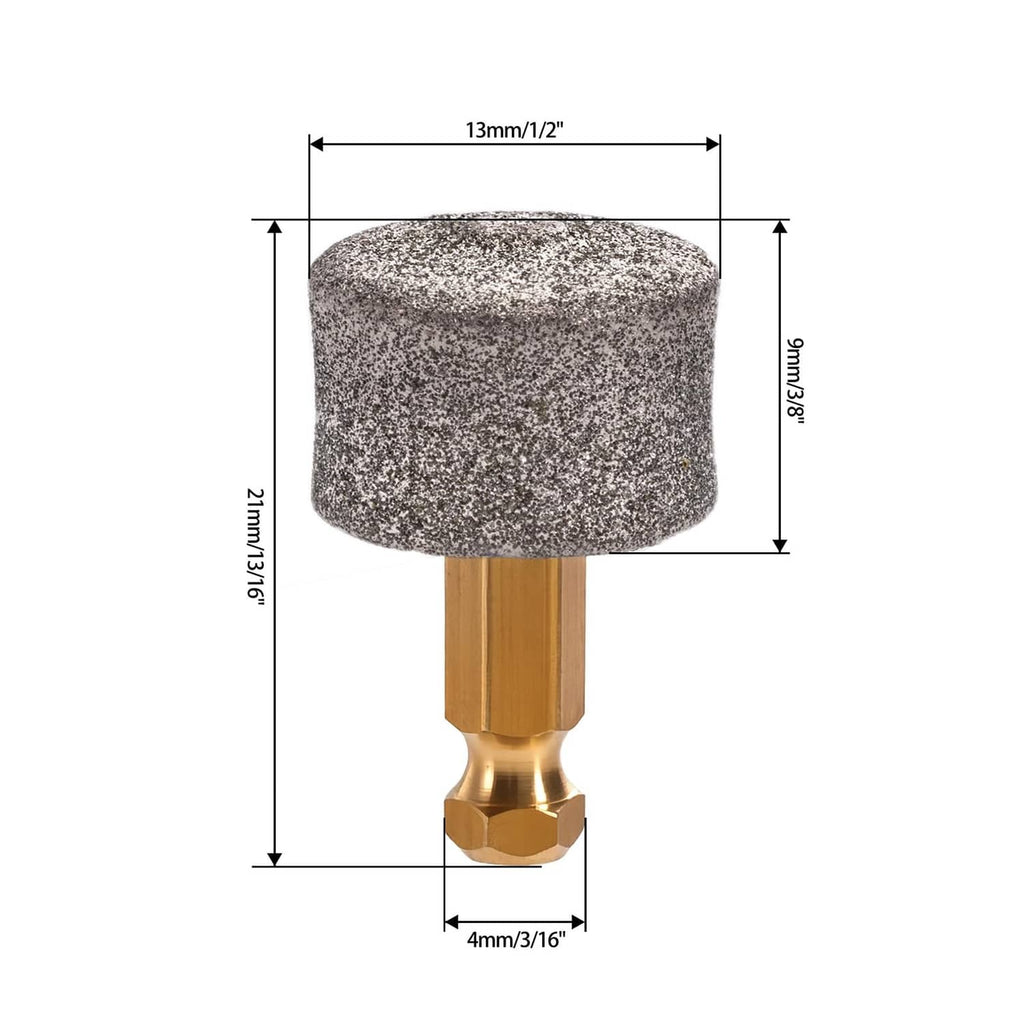 Diamond nail grinder head with gray textured pad and gold holder, measured view