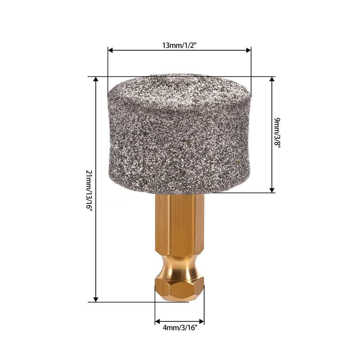 Diamond nail grinder head with gray textured pad and gold holder, measured view