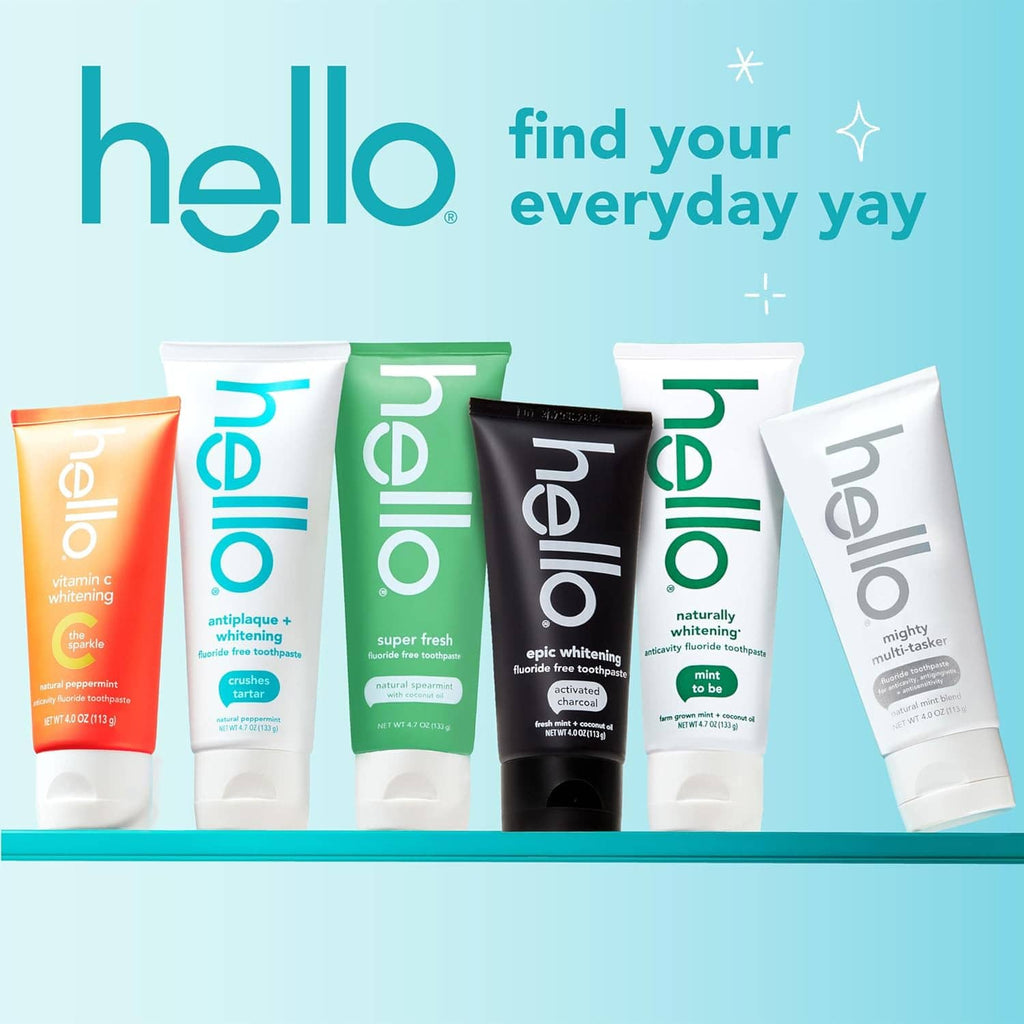 Hello toothpaste variety pack of six tubes in orange, green, black, and white