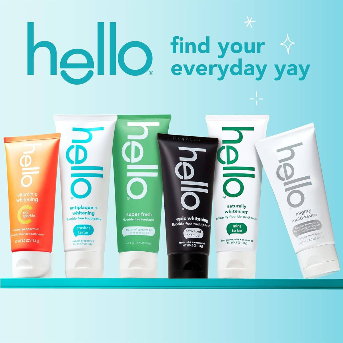 Hello toothpaste variety pack of six tubes in orange, green, black, and white