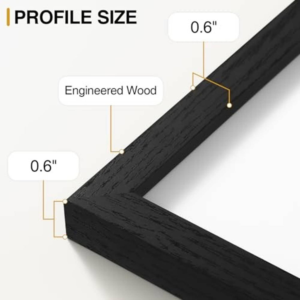 Black wooden picture frame profile, slim 0.6 in thickness with engineered wood construction