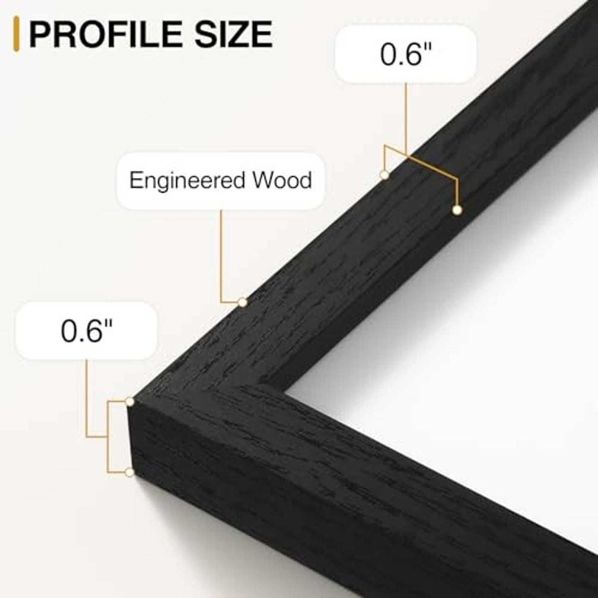 Black wooden picture frame profile, slim 0.6 in thickness with engineered wood construction