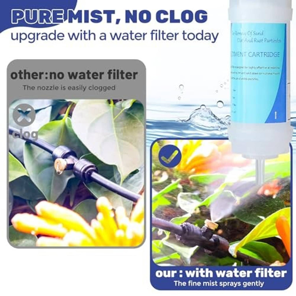 Misting system water filter cartridge and fine spray flow for protected nozzles