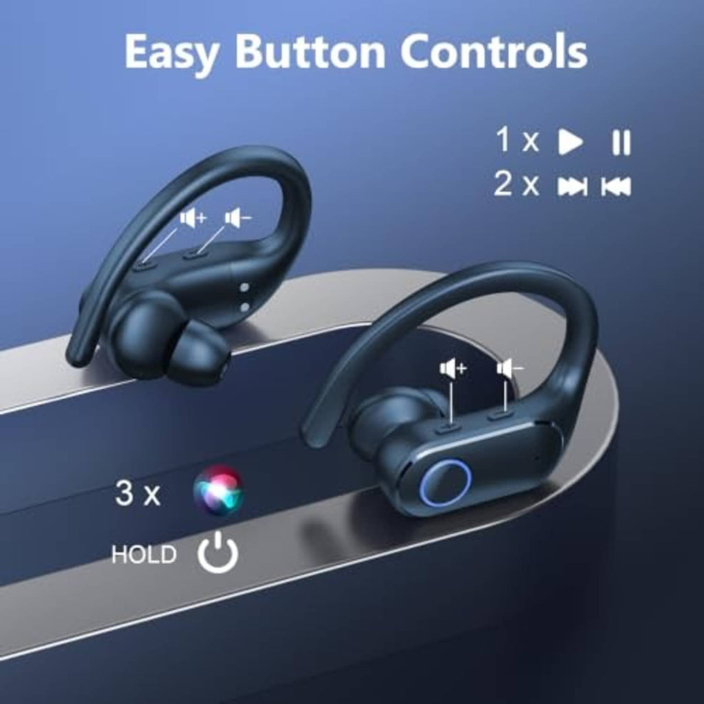 Dark blue wireless earbuds with visible control buttons on earbud stems