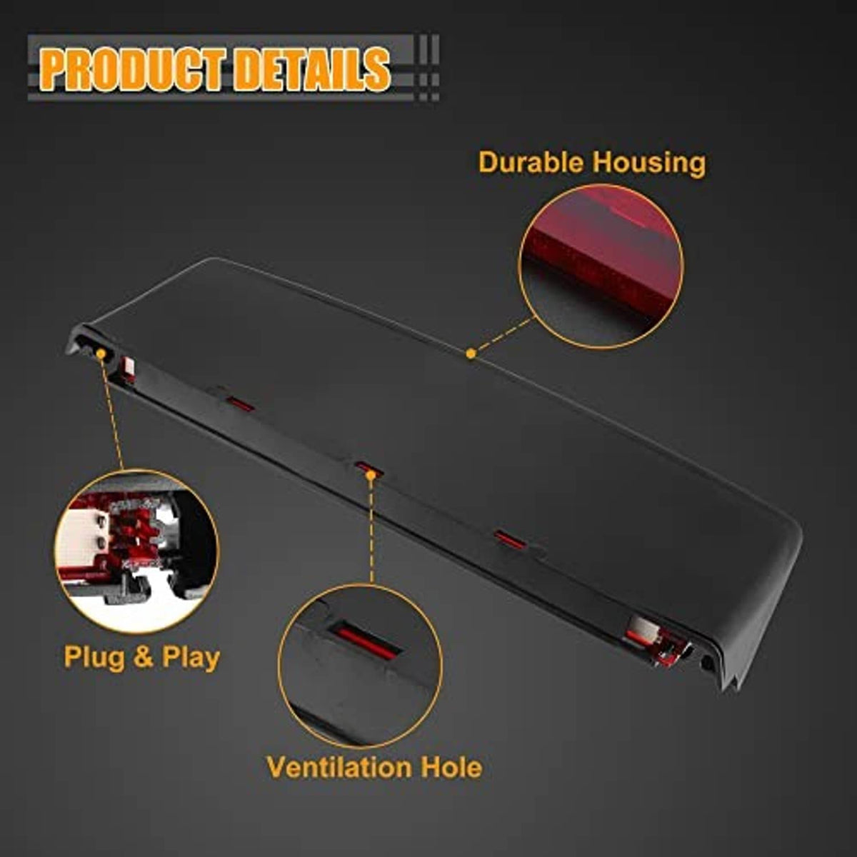 Third brake light housing with internal red lens and side mounting tabs