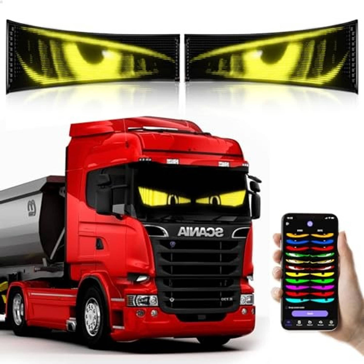 Truck windshield LED devil eyes set with phone app control, two glowing yellow-green panels