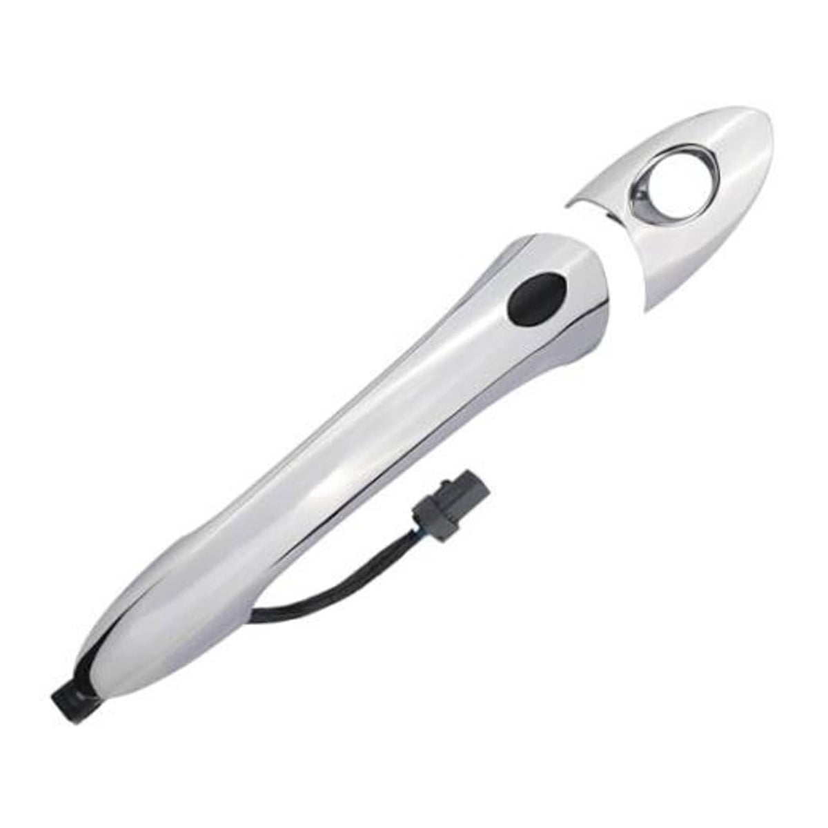 Silver exterior door handle with keyhole, black sensor wire connector