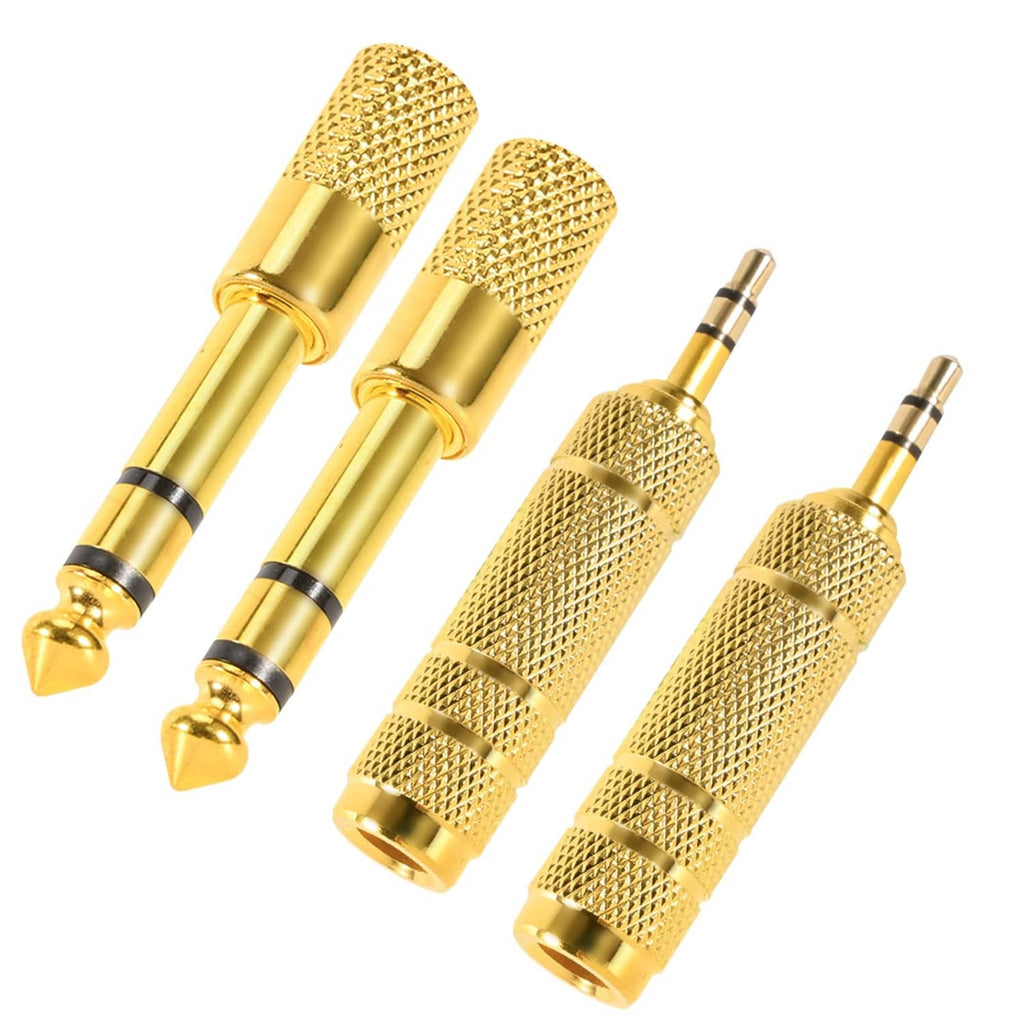 Gold 3.5mm to 6.35mm headphone jack adapter set, 4-pack with knurled metal ends