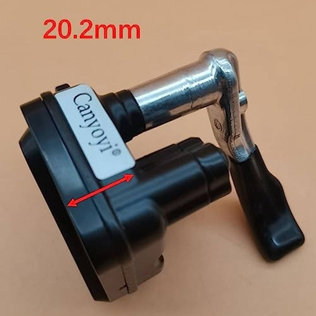 Thumb throttle component with black plastic body and chrome metal tube, mounted view