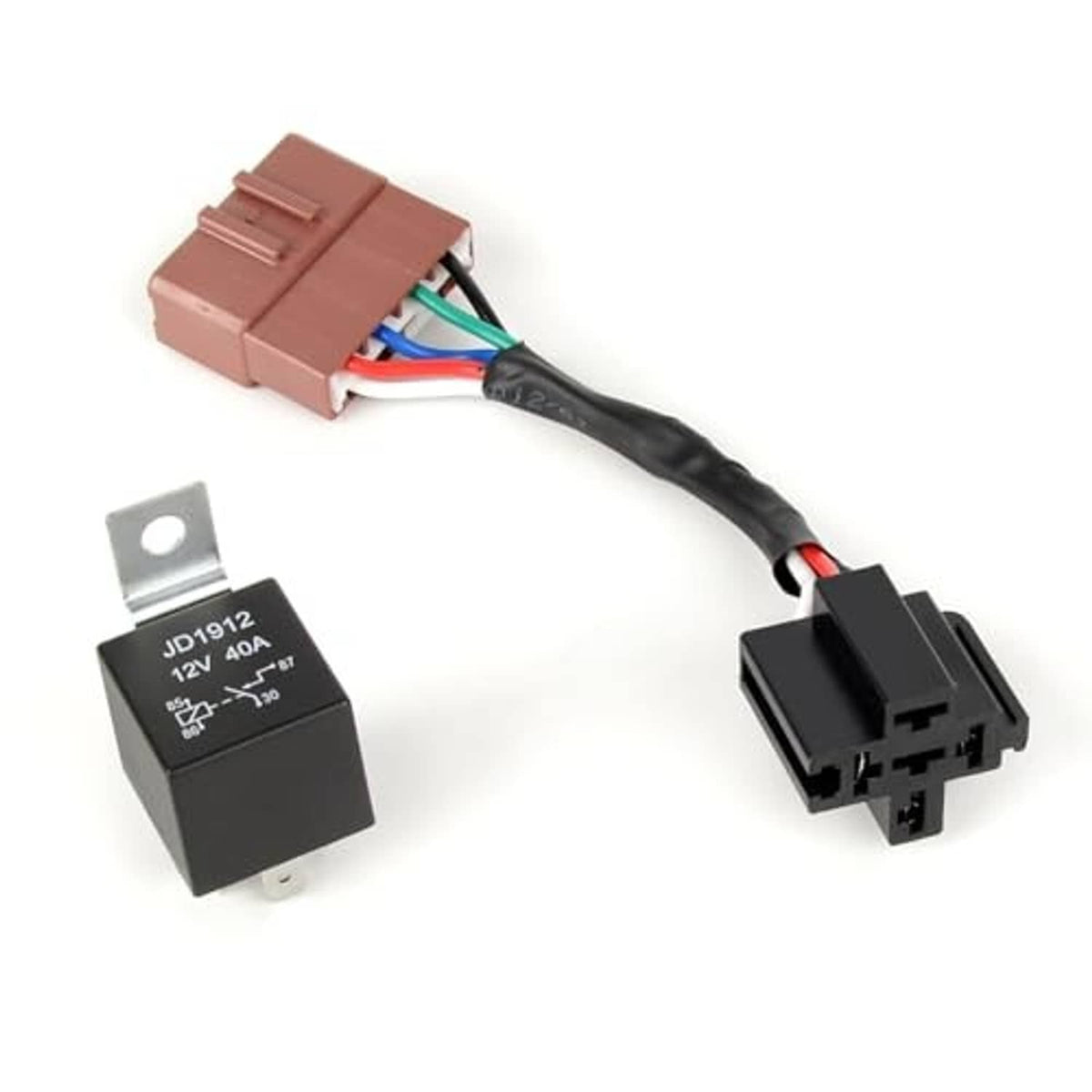 4-pin relay conversion kit with black relay, brown plug, and multi-color wire harness