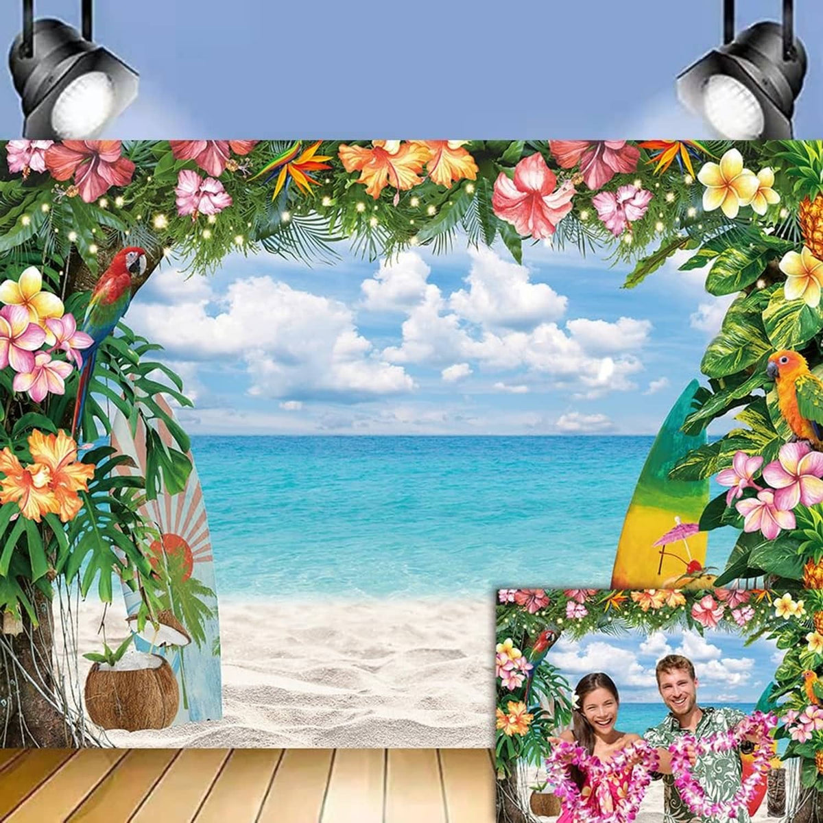 Tropical beach photography backdrop with floral frame, ocean horizon, sand, and surfboards