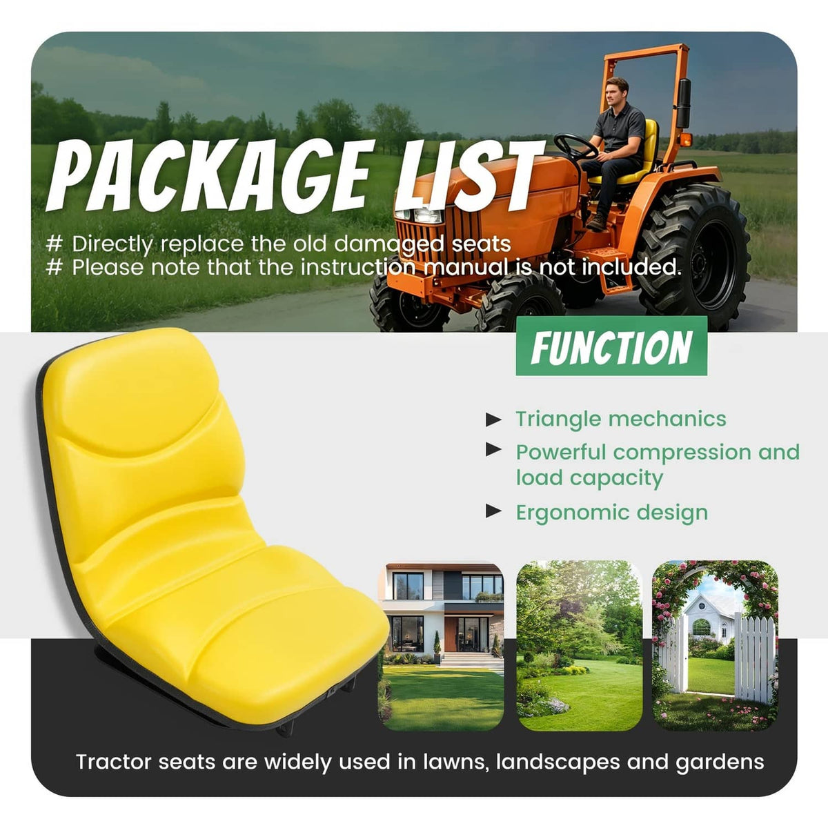 Yellow tractor seat cushion with rounded backrest and four-point mounting base