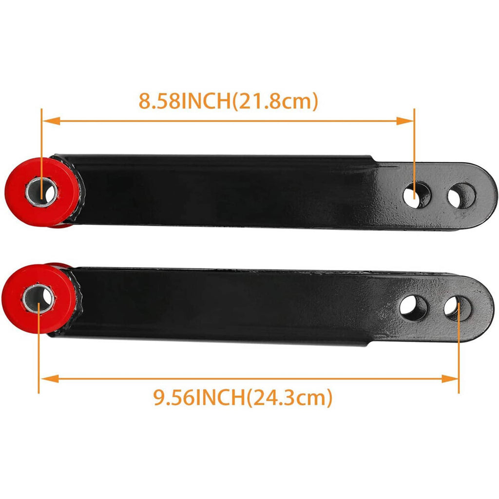 Two black shackle arms with red bushing ends and mounting bolt hole tabs