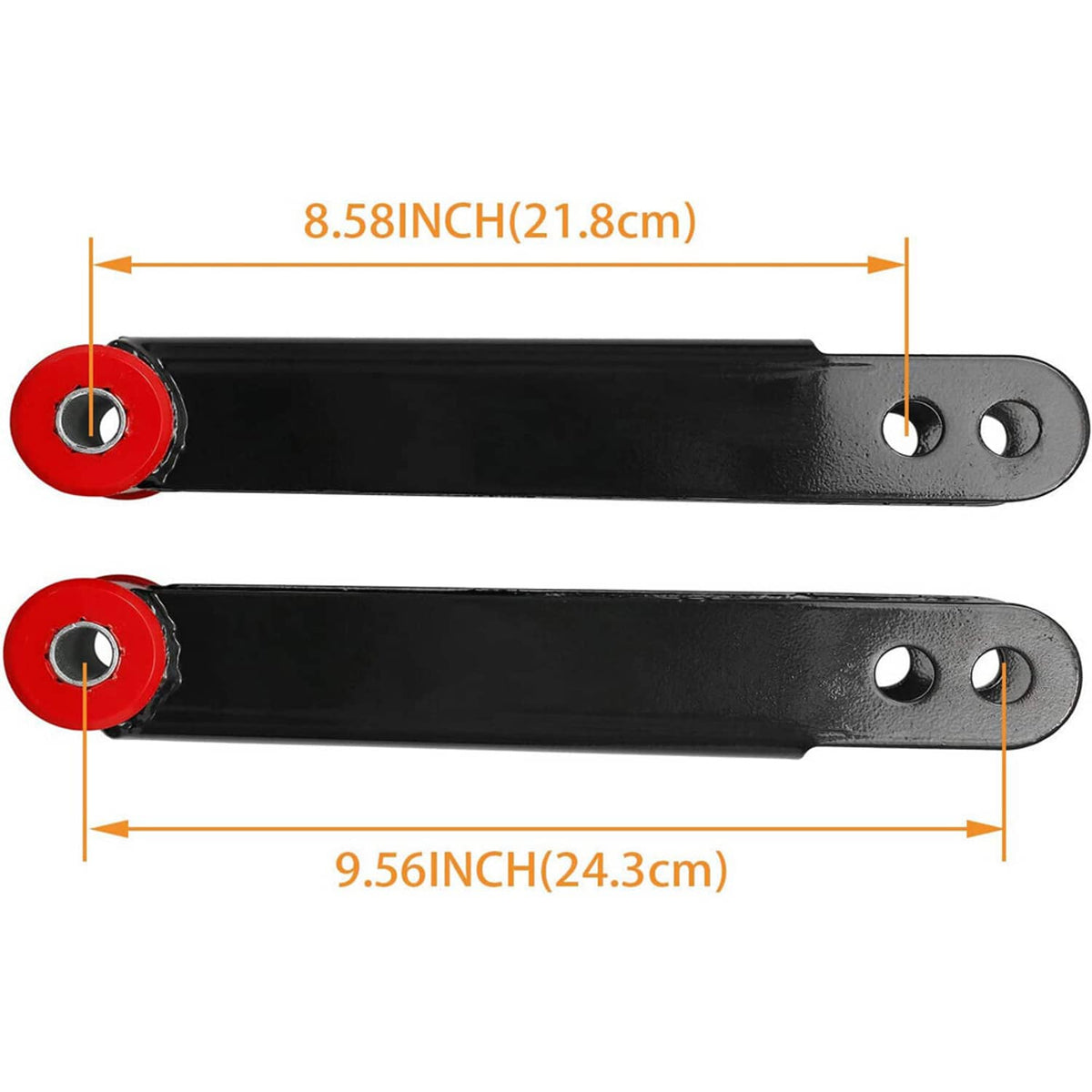 Two black shackle arms with red bushing ends and mounting bolt hole tabs