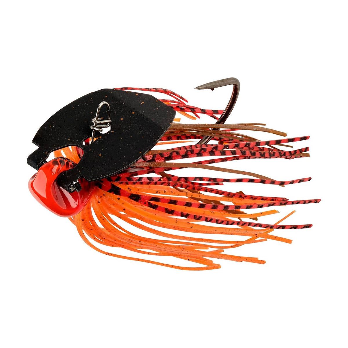 Orange bladed fishing jig with black blade, red-striped skirt, and curved hook