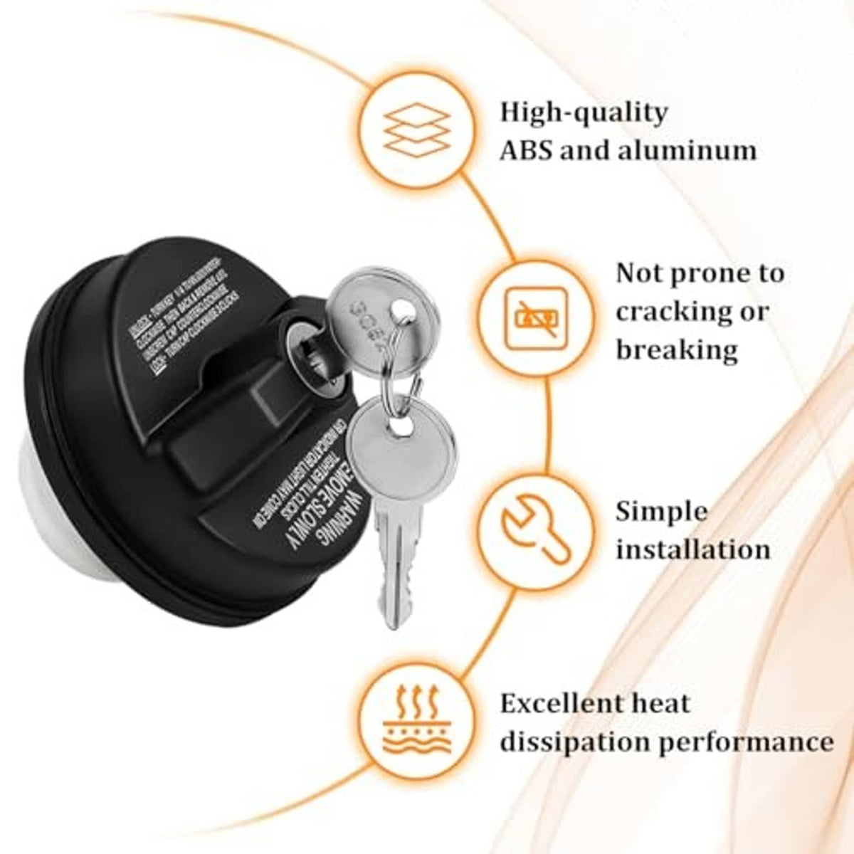 Black locking fuel cap with silver keys, key ring, and lock insert