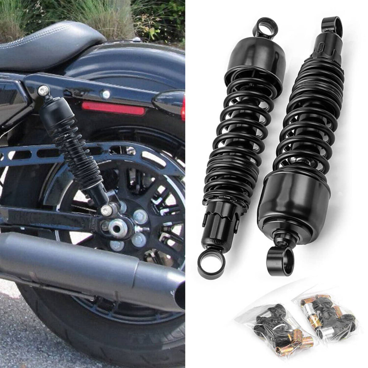 Two black rear shock absorbers with coil springs and top eyelet mounts