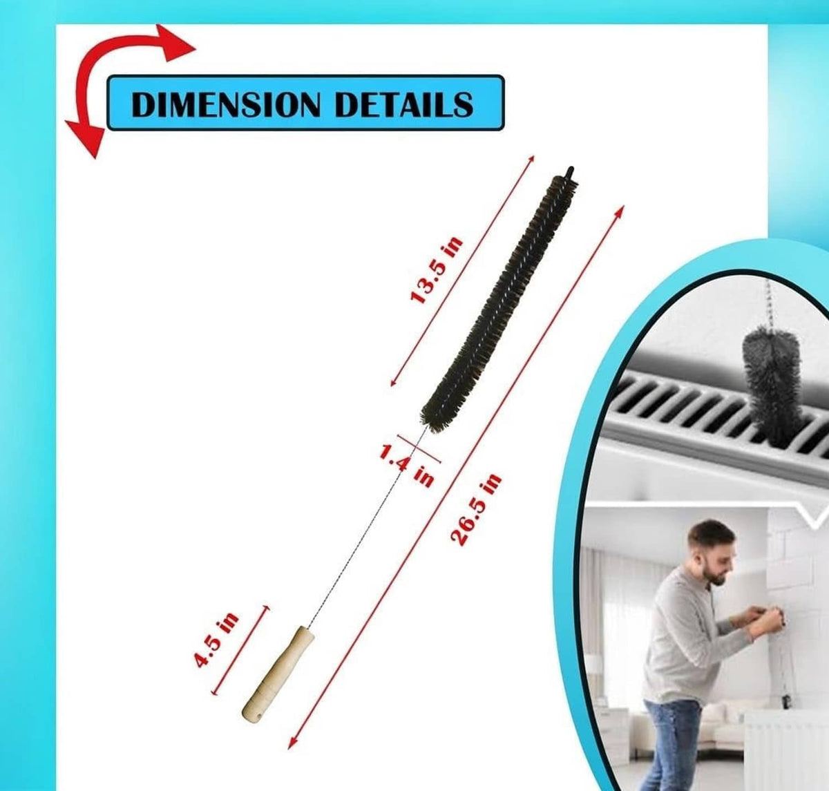 Dimension diagram of dryer vent brush with black bristles and light wooden handle