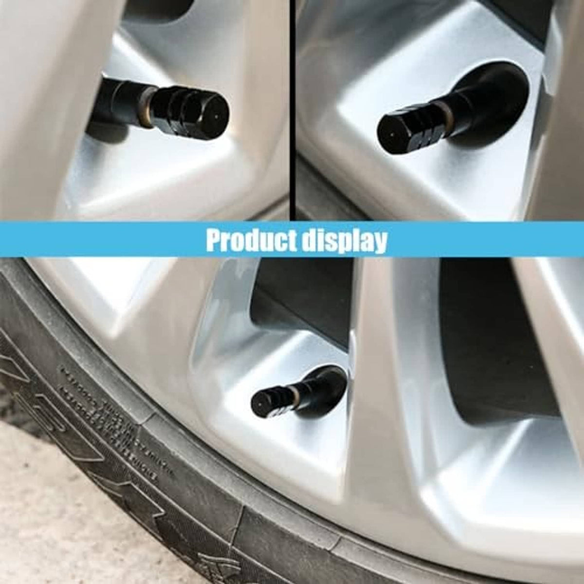 Black tire valve cap installed on a wheel, shown from an angled close-up.