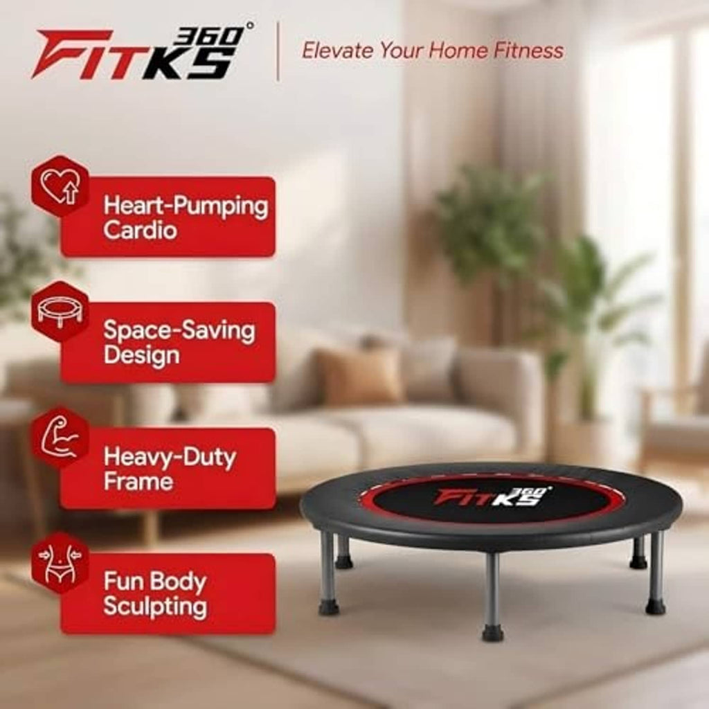 Black trampoline with red rim and FITKS 360 logo on four legs