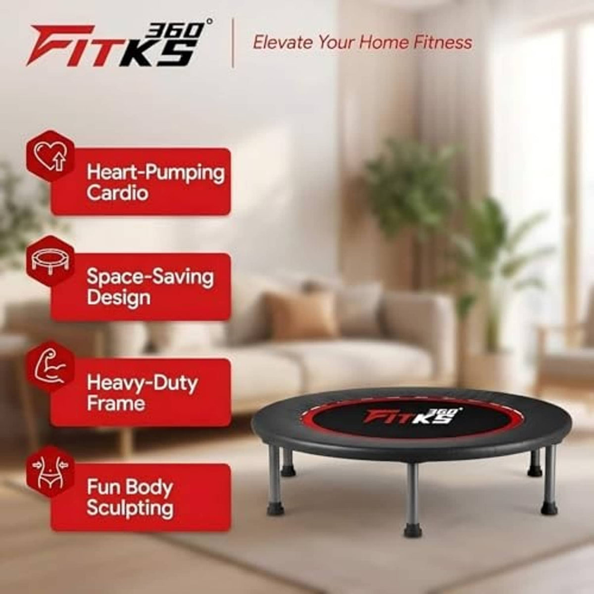 Black trampoline with red rim and FITKS 360 logo on four legs