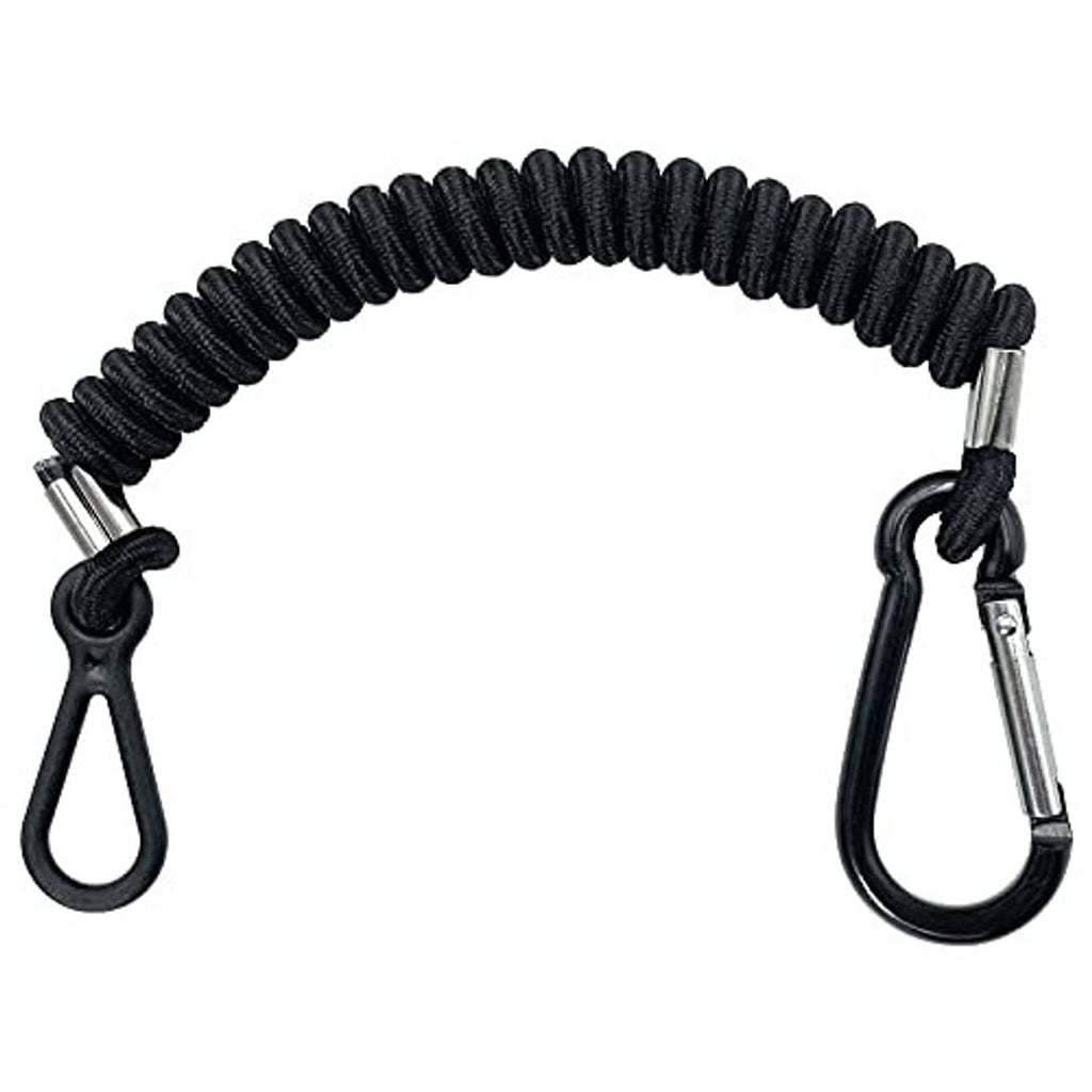 Black coiled lanyard cord with two metal ends and large safety rings.