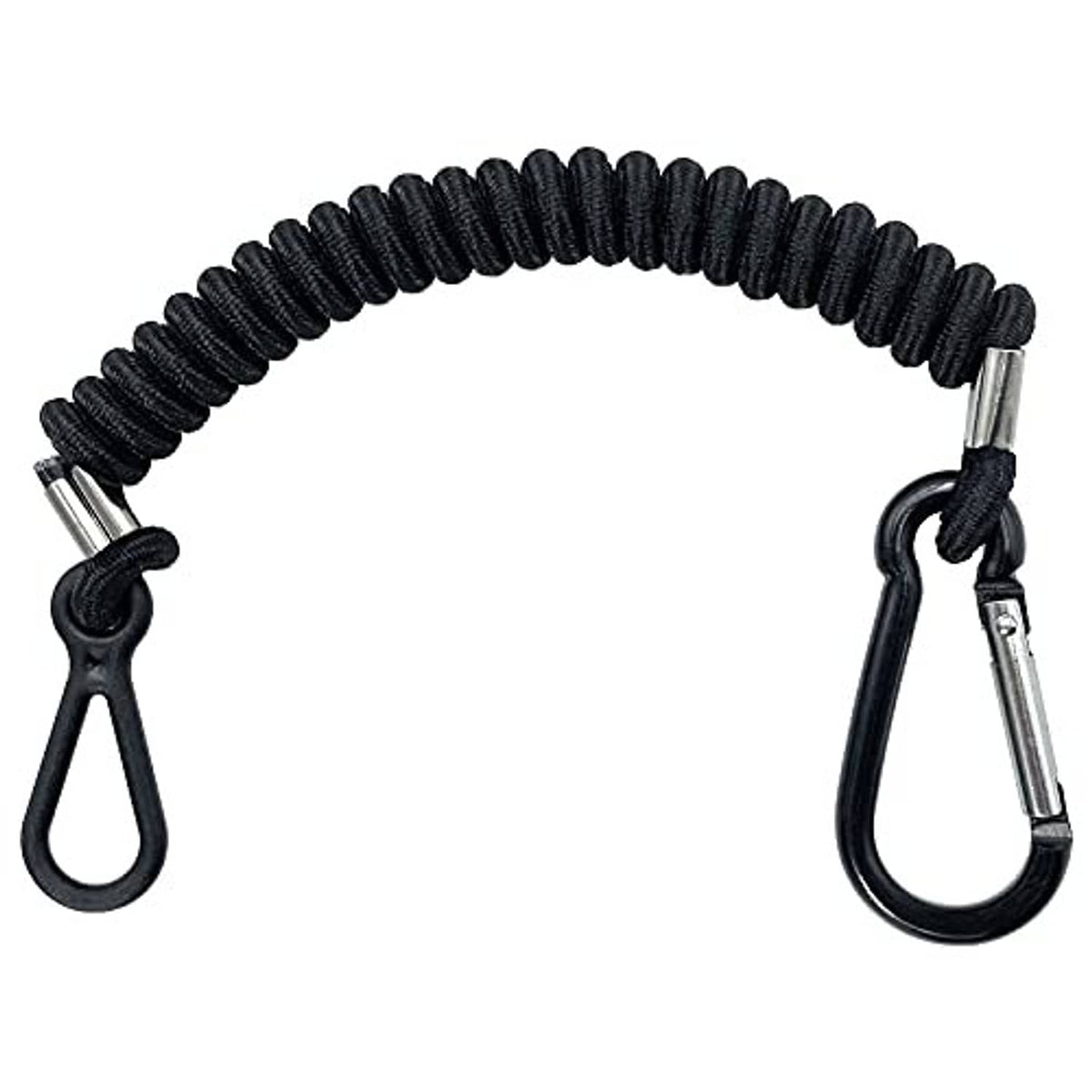 Black coiled lanyard cord with two metal ends and large safety rings.