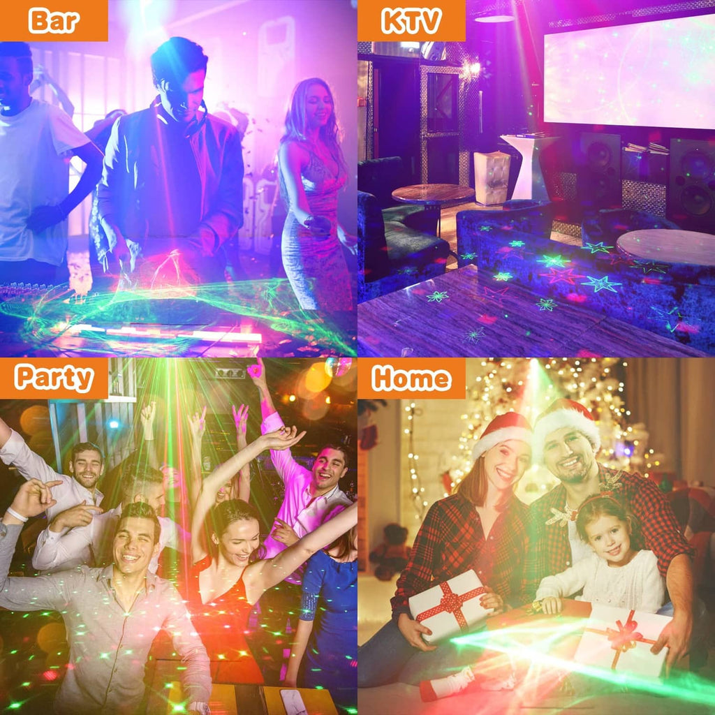 Party laser light projector casting colorful beams and star-like effects in a room