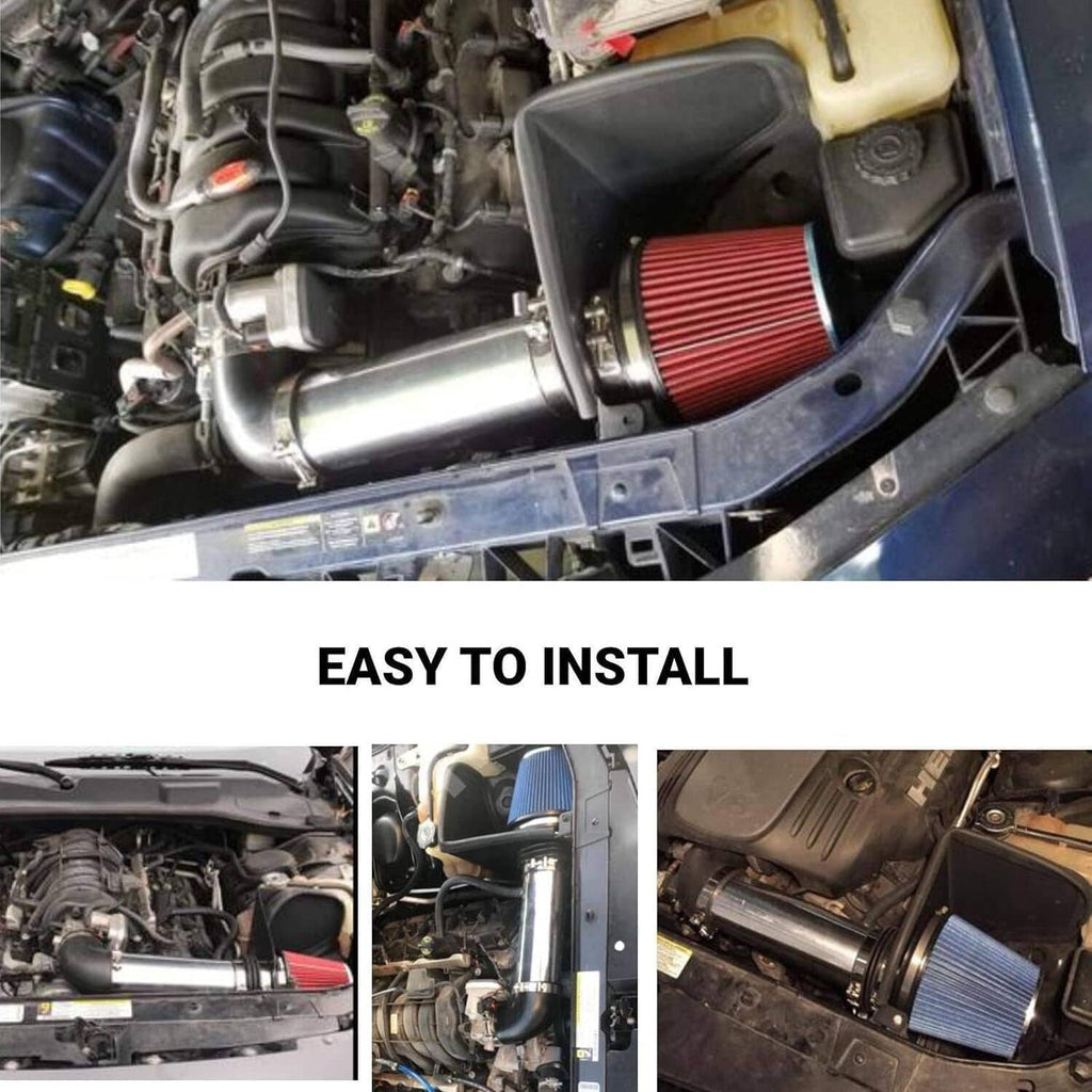 Cold air intake air filter installed in engine bay with red pleated element