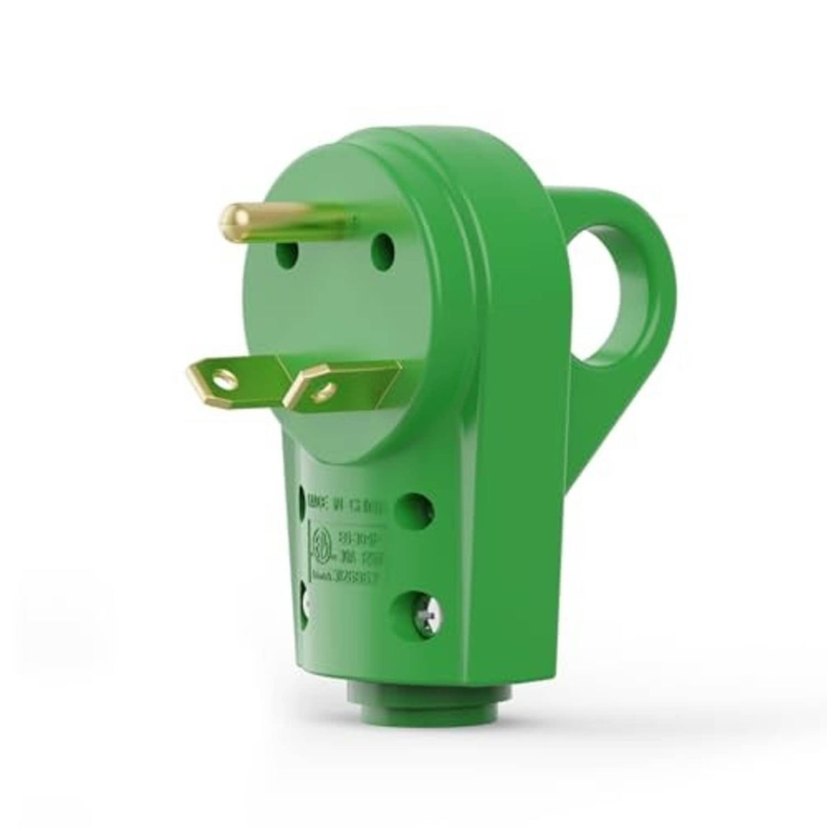 Green NEMA TT-30P RV plug with side loop handle and grounding contact