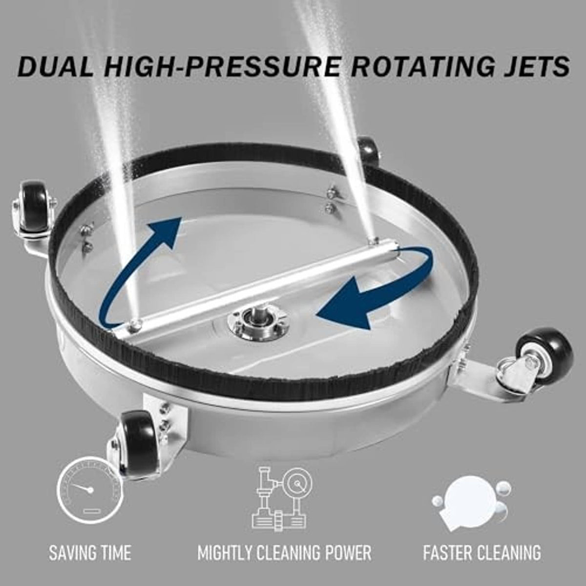 Surface cleaner with dual rotating jet nozzles under stainless steel cover