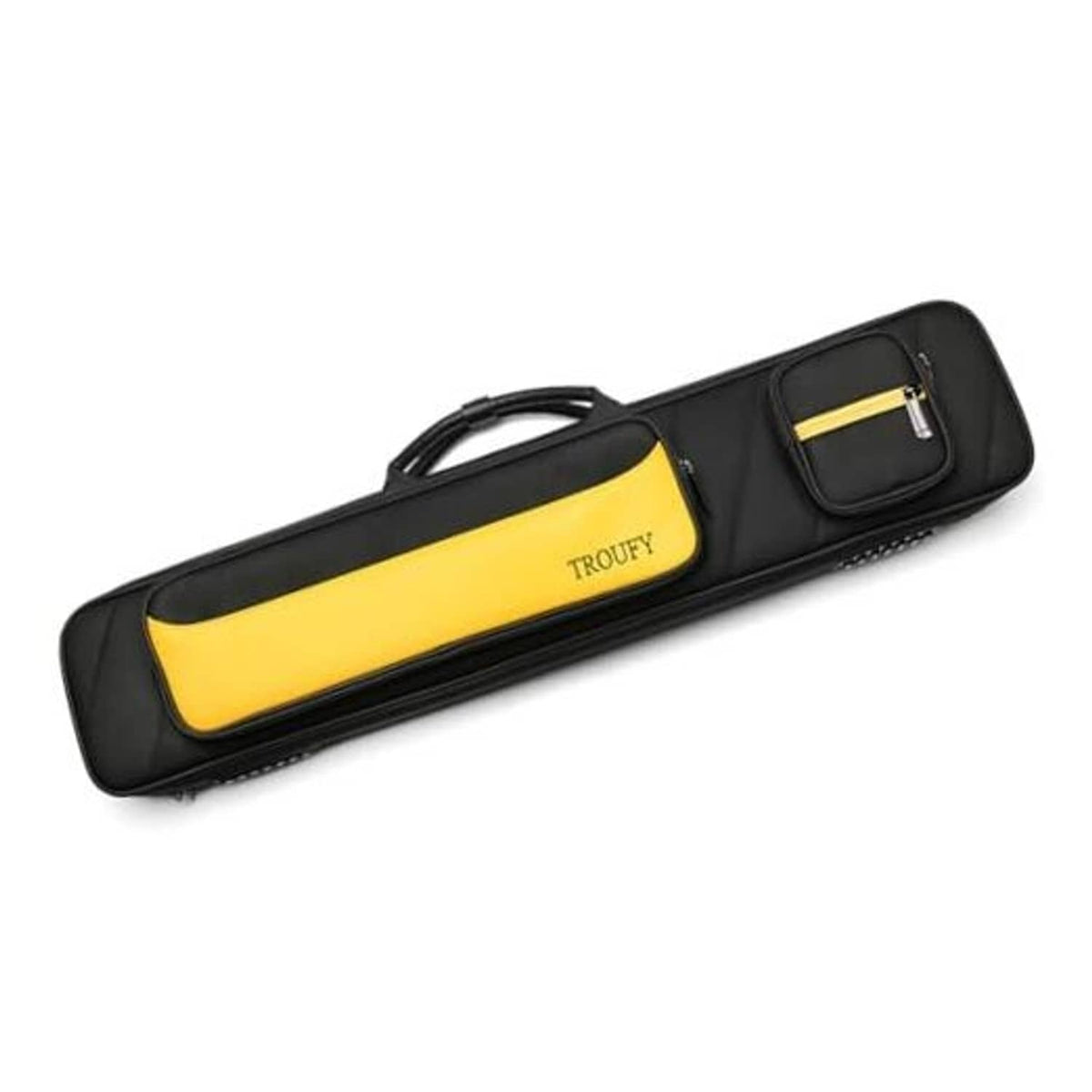 Black and yellow pool cue case with carry handle and front zipper pocket