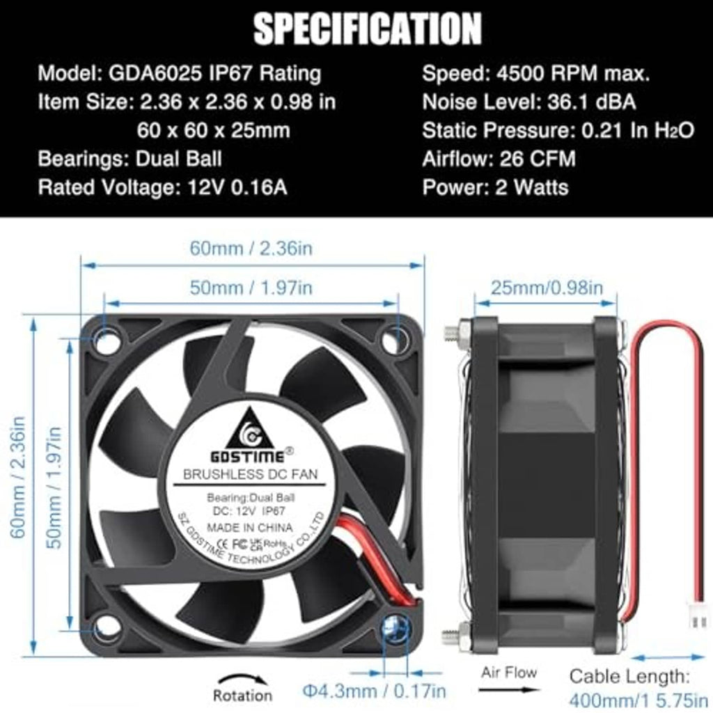 Black 60x25mm cooling fan diagram view with two-pin cable and mounting holes