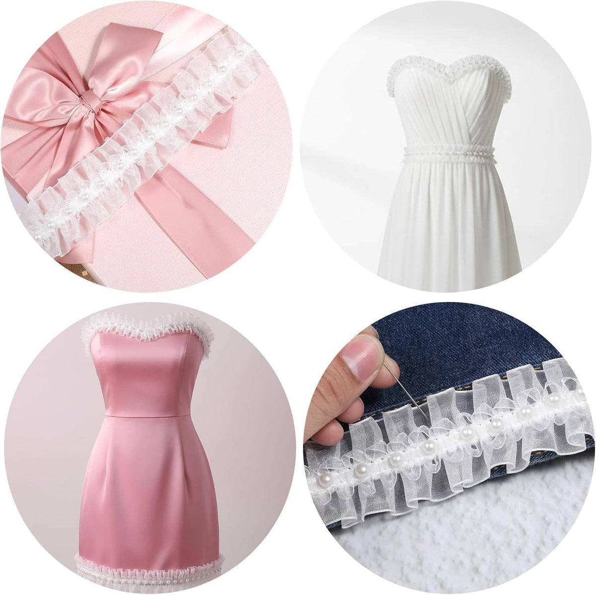 White pearl lace ruffle trim with bead accents, styled on dress and ribbon trim pieces