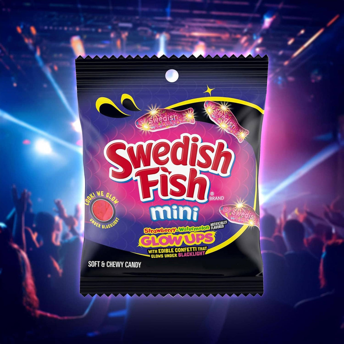 Swedish Fish mini glowups soft & chewy gummy candy pouch, purple front with glow design