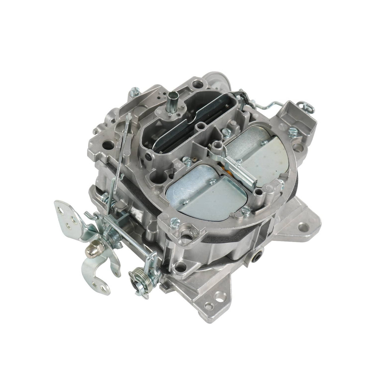 Carburetor body with dual fuel bowls and visible mounting brackets and ports