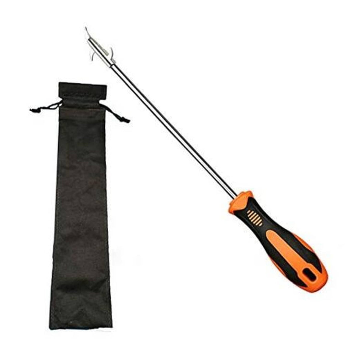 Car tire cleaning hook tool with long metal shaft, orange-and-black handle, includes bag