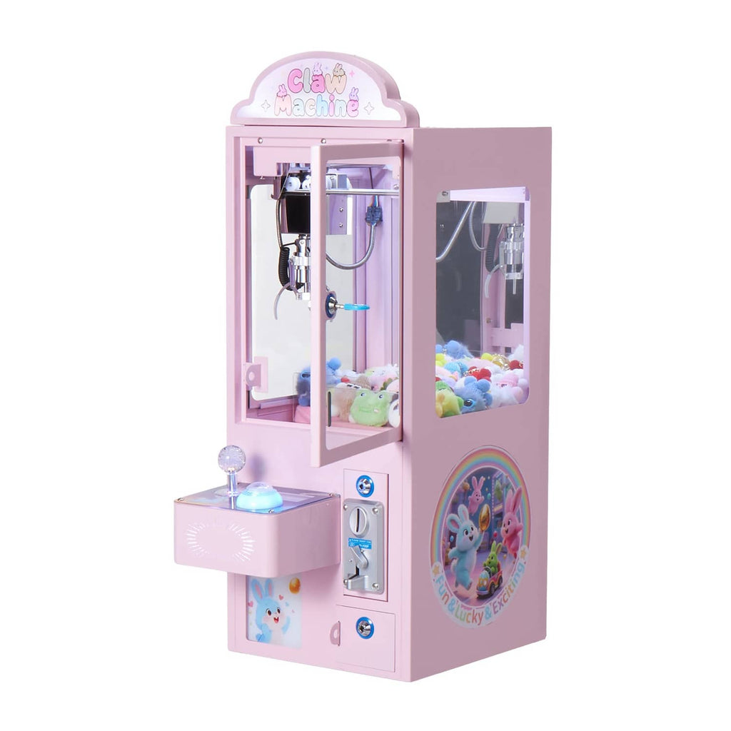 Pink claw crane arcade machine 3/4 view with claw, platform, and prize display window