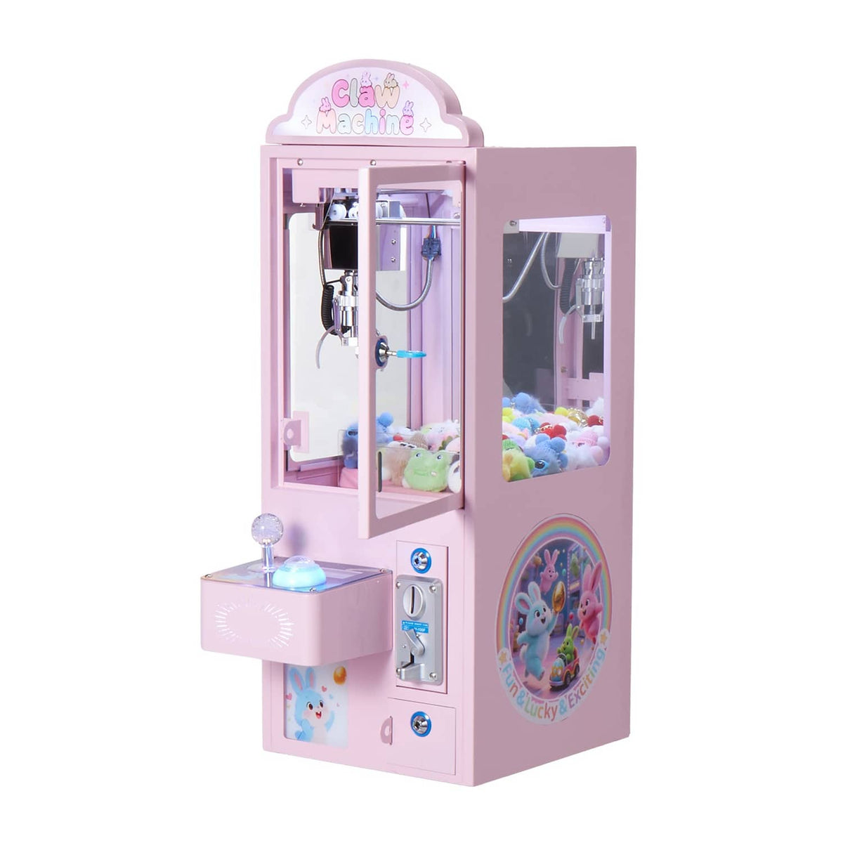 Pink claw crane arcade machine 3/4 view with claw, platform, and prize display window