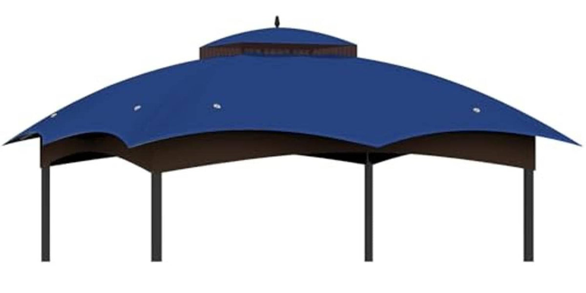 Blue gazebo canopy top cover with brown trim and center peak knob