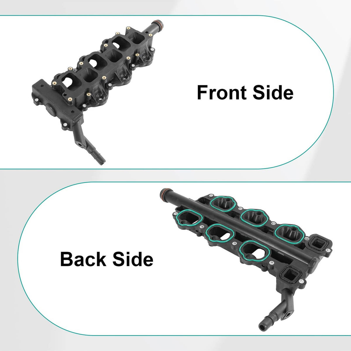 Lower intake manifold front-side view with bolt holes and attached vacuum hose