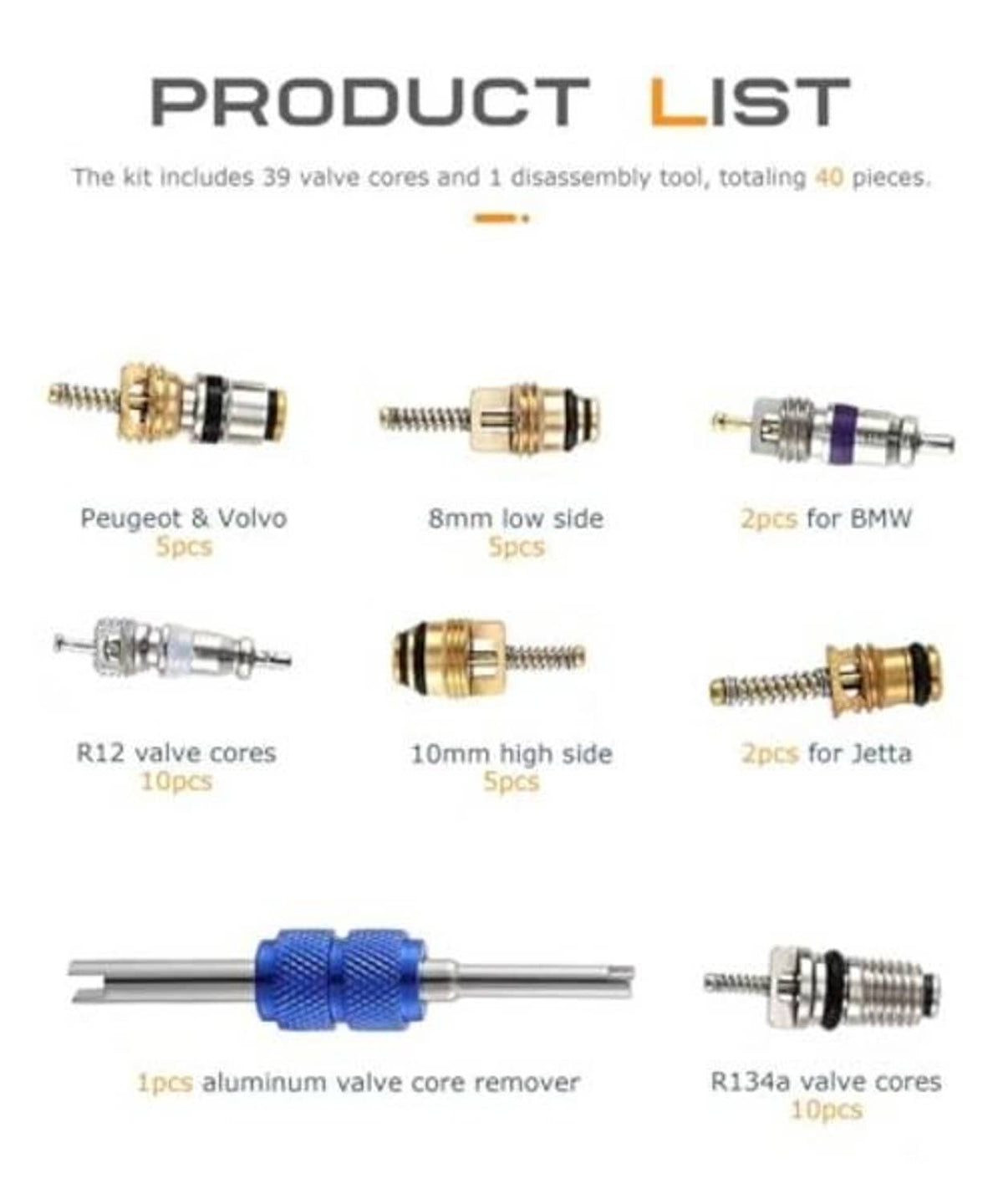AC valve core product list diagram showing various cores and remover tool