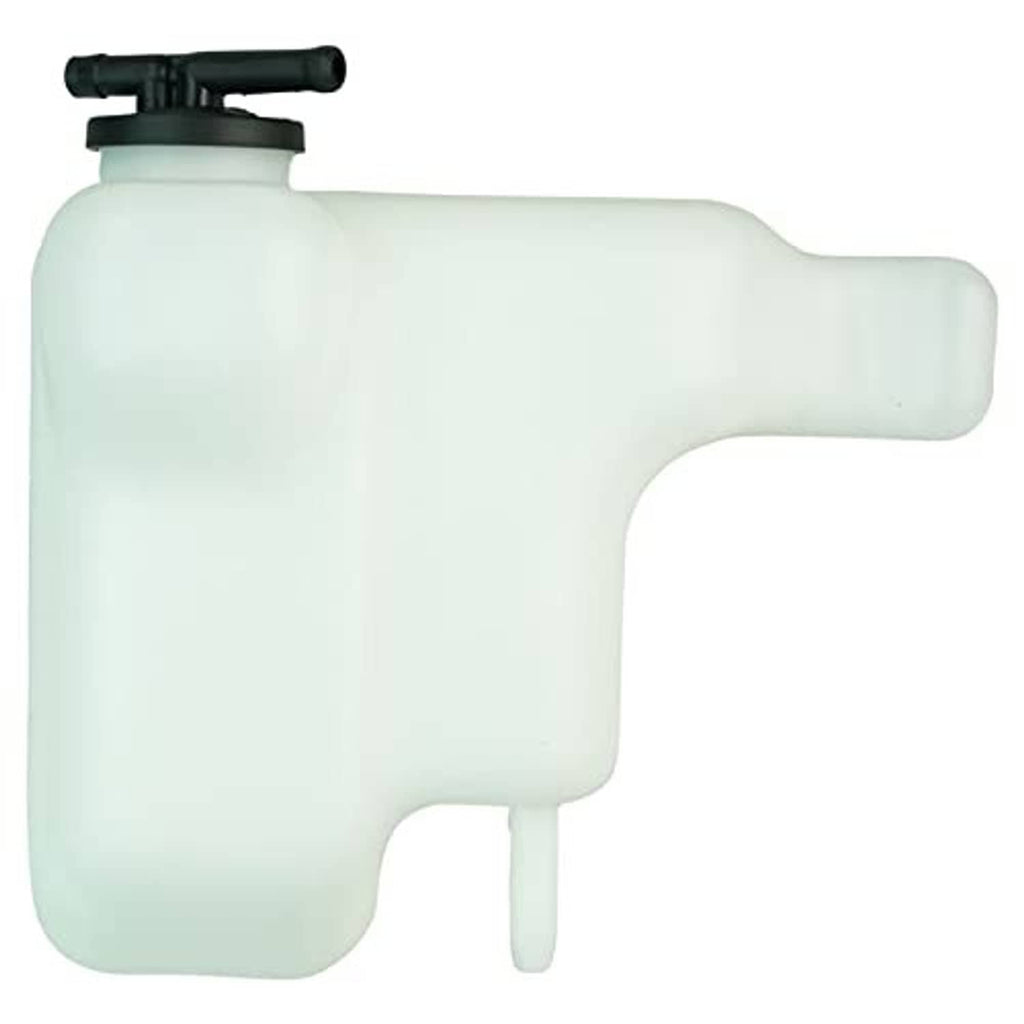 Translucent coolant reservoir tank with black cap and long outlet