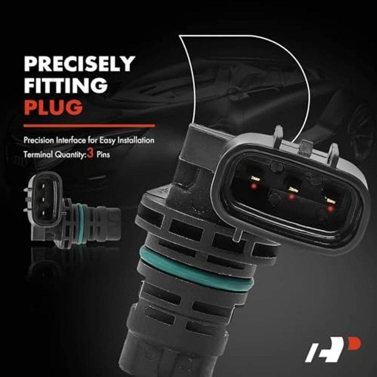 Camshaft position sensor with 3-pin style electrical plug, close-up.