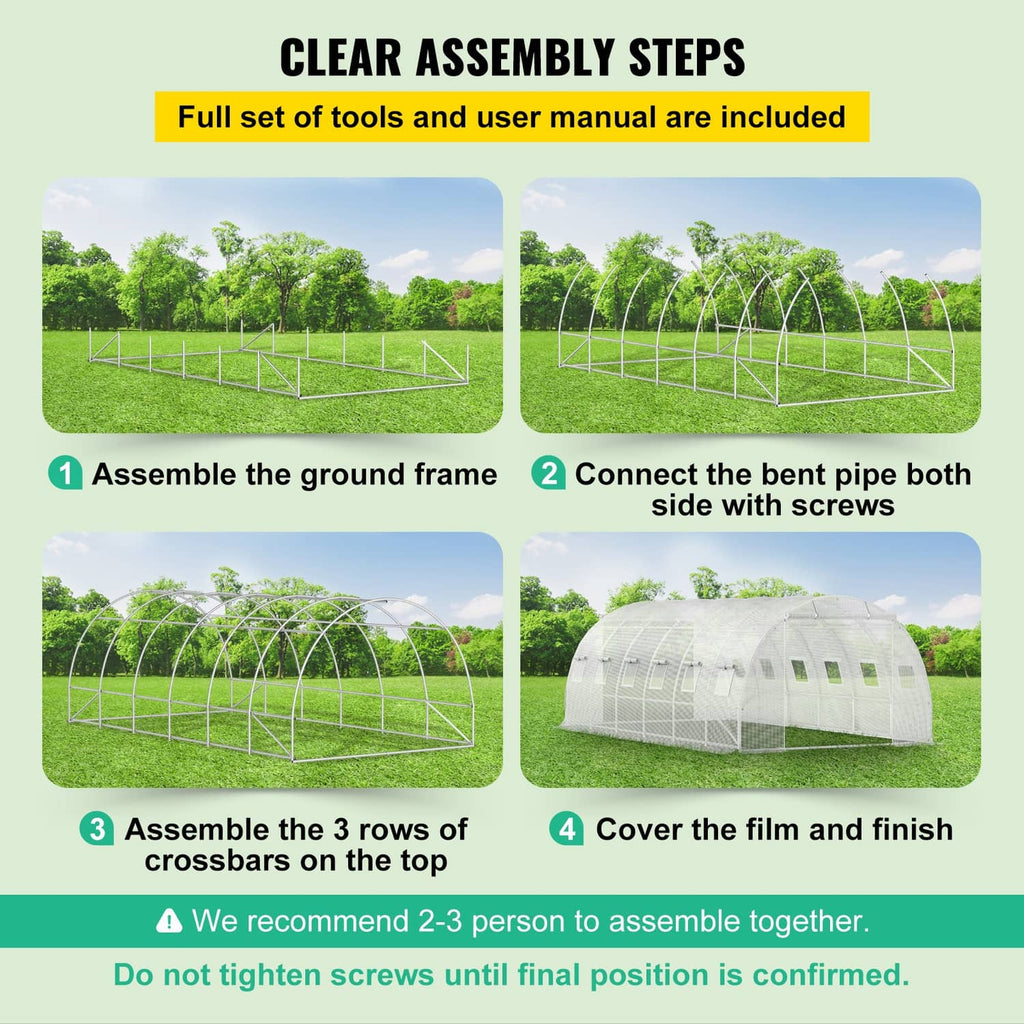 Tunnel greenhouse assembly steps showing galvanized frame pieces and covered dome