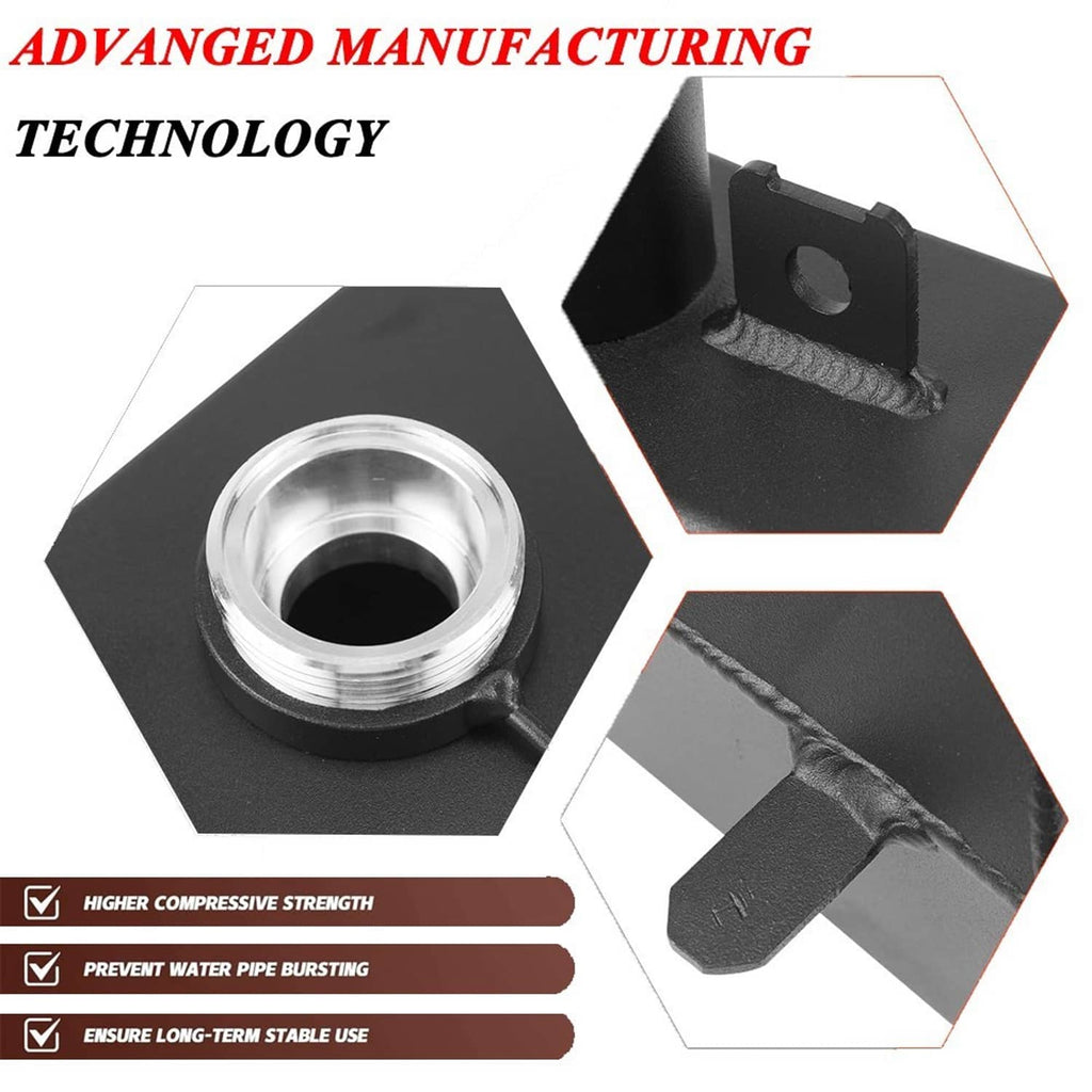 Black coolant reservoir tank with threaded aluminum cap and reinforced seam